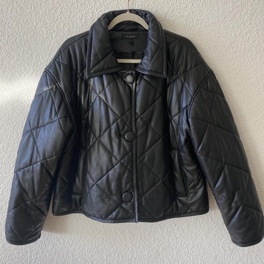 Halogen quilted faux leather puffer jacket